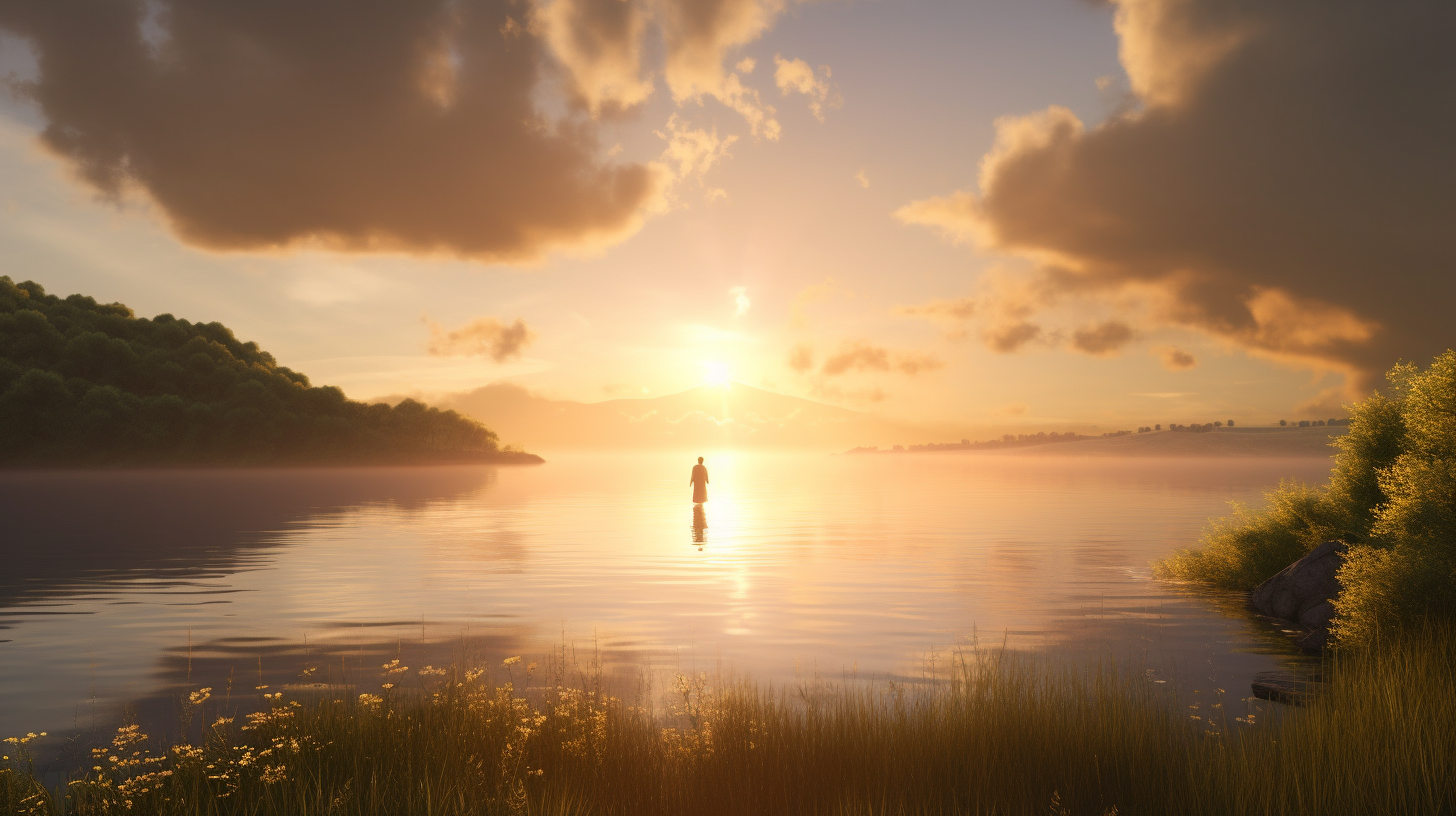 Figura humana de pie en medio de un lago al amanecer, rodeada de una luz dorada que invita a reflexionar sobre si realmente Dios existe.