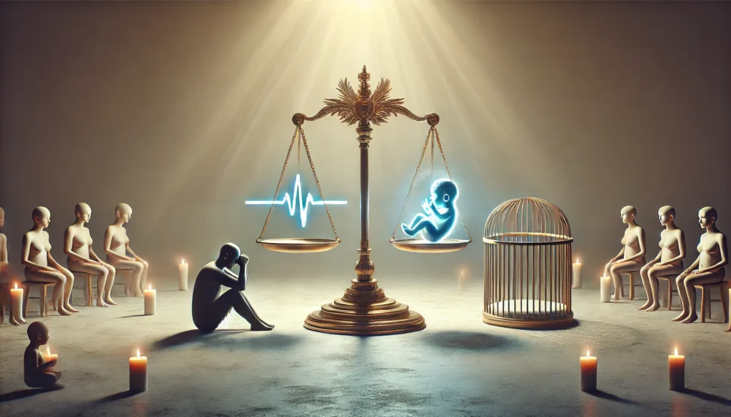 Escena contemplativa sobre el debate ético del aborto, mostrando una balanza con un latido luminoso en un lado y una cuna vacía en el otro, rodeada de luz tenue y un ambiente introspectivo.