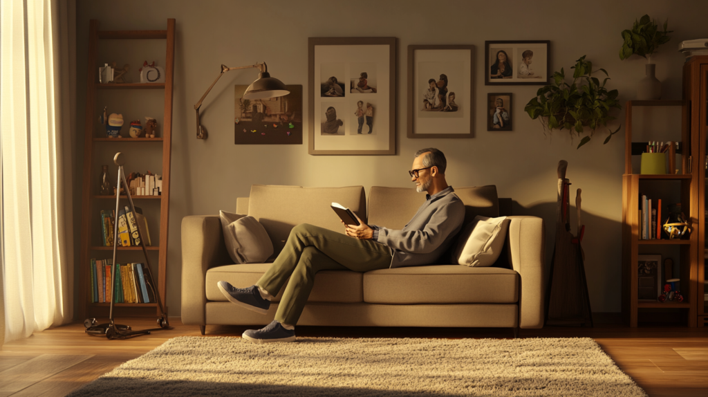 Hombre leyendo un libro en una sala acogedora con luz cálida y decoración hogareña.