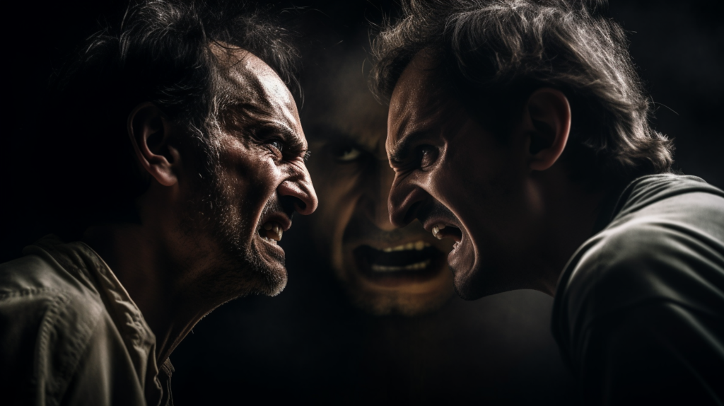 Dos hombres en una intensa confrontación, uno gritando lleno de enojo y el otro manteniendo la calma con autoridad y serenidad, simbolizando el control sobre la ira.