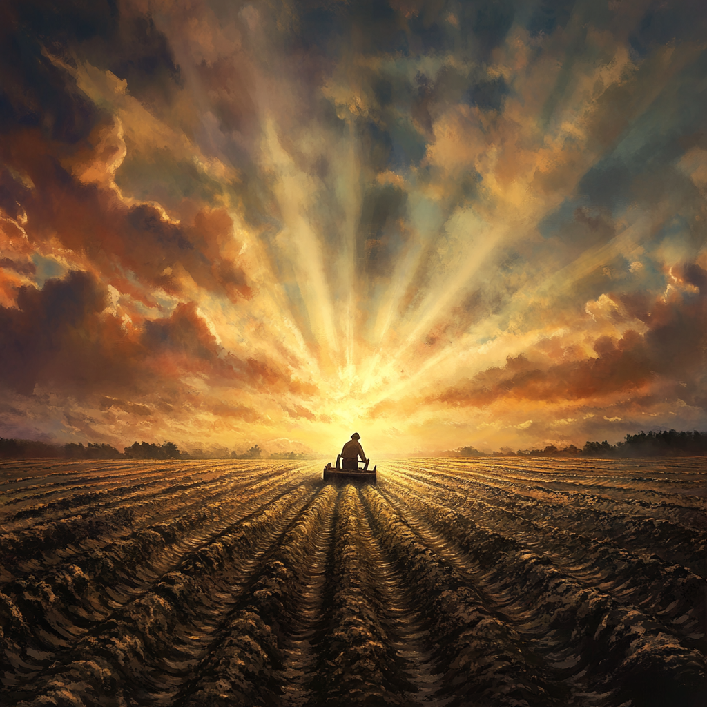 percivalseo A photorealistic illustration of a farmer plowing a 79d5ebd2 8379 4881 a474 79a55821847d