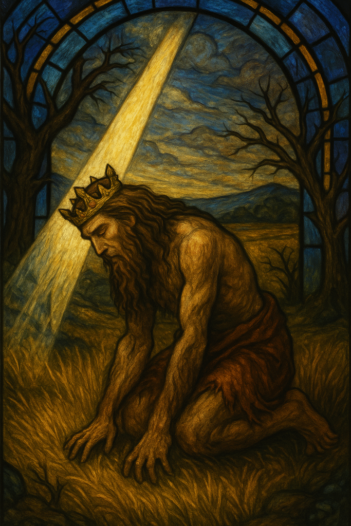 Por qué somos orgullosos: la trampa que aleja del amor 1 Pintura al óleo estilo vitral de Nabucodonosor humillado, representando la lucha espiritual detrás de por qué somos orgullosos.