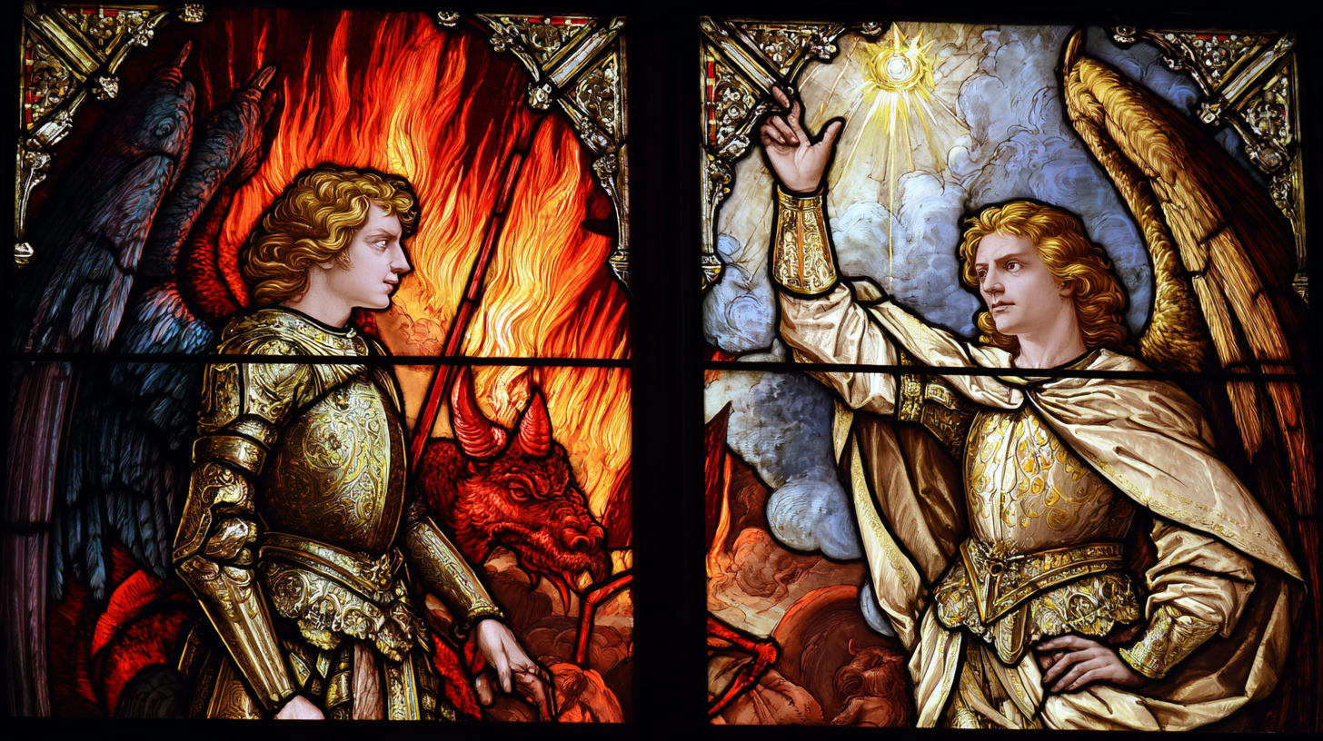 Vitral gótico que representa la caída de Luzbell, mostrando su transformación en Lucifer por orgullo, con Dios rodeado de luz y el infierno al fondo.