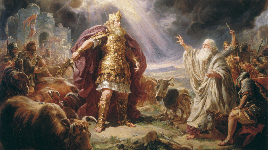 Qué es la soberbia en una persona: el rostro oculto del ego 1 Pintura al óleo del rey Saúl desobedeciendo a Dios, confrontado por el profeta Samuel; escena bíblica que ilustra la soberbia humana.